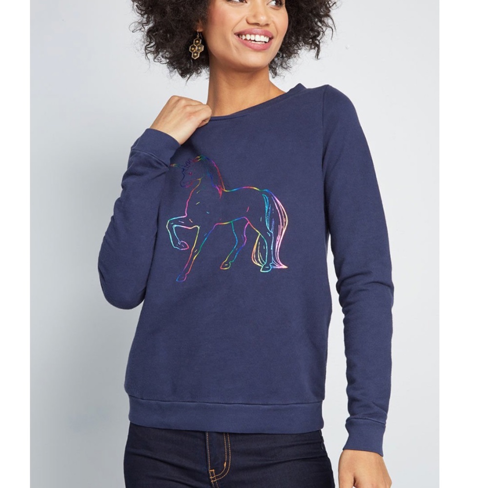 ModCloth Sweatshirt Womens Plus Size 2X Unicorn Rainbow Navy Long Sleeve Cotton.